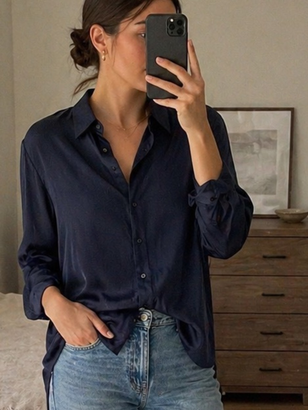 Eileen Fisher XL Silk Blend Navy Button Down Blouse Minimalist Workwear Top